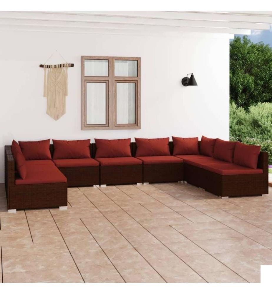 Salon de jardin 9 pcs avec coussins Résine tressée Marron