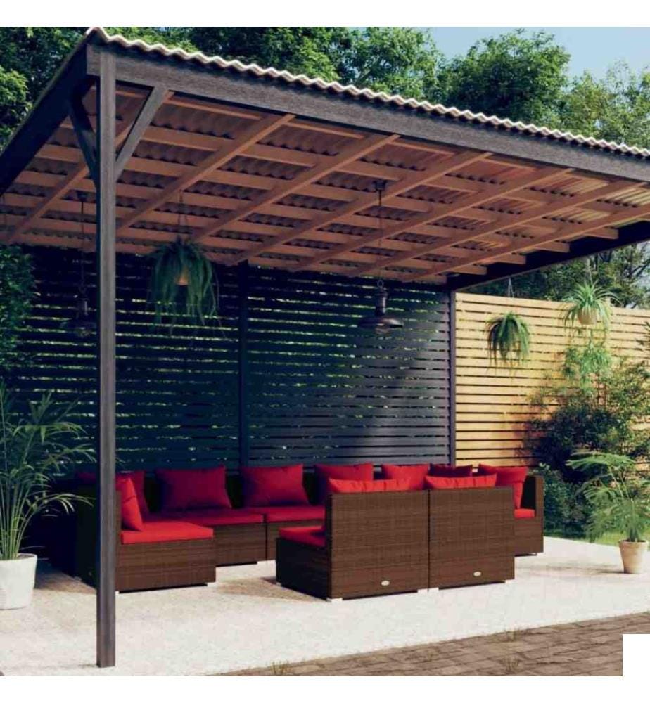 Salon de jardin 9 pcs avec coussins Marron Résine tressée