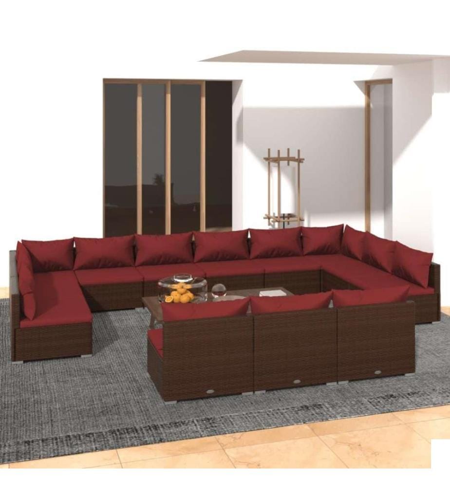 Salon de jardin 13 pcs avec coussins Marron Résine tressée