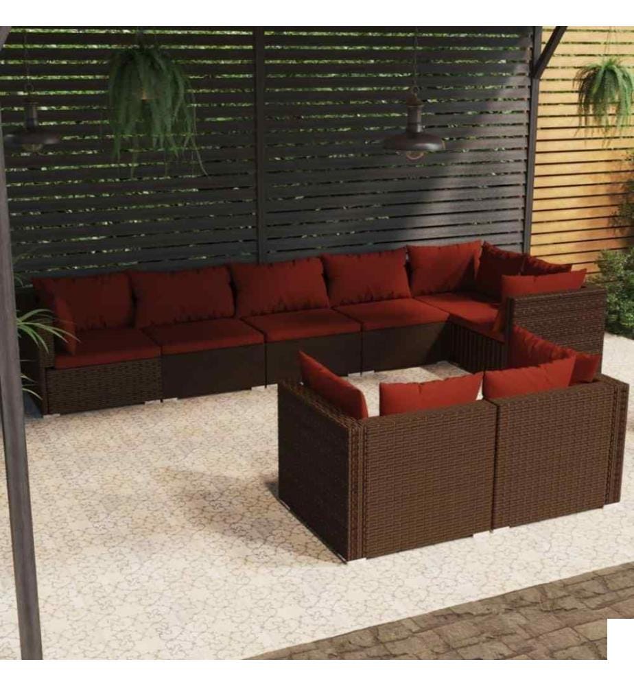 Salon de jardin 8 pcs avec coussins Marron Résine tressée
