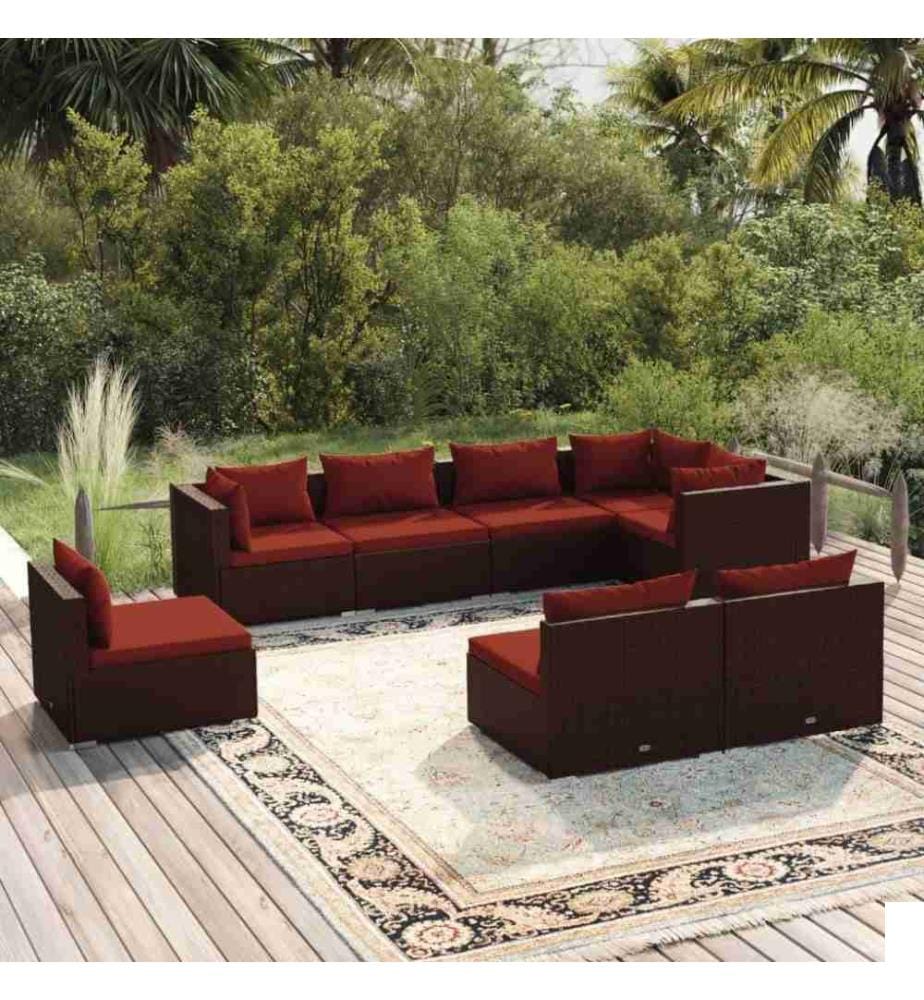 Salon de jardin 8 pcs avec coussins Résine tressée Marron