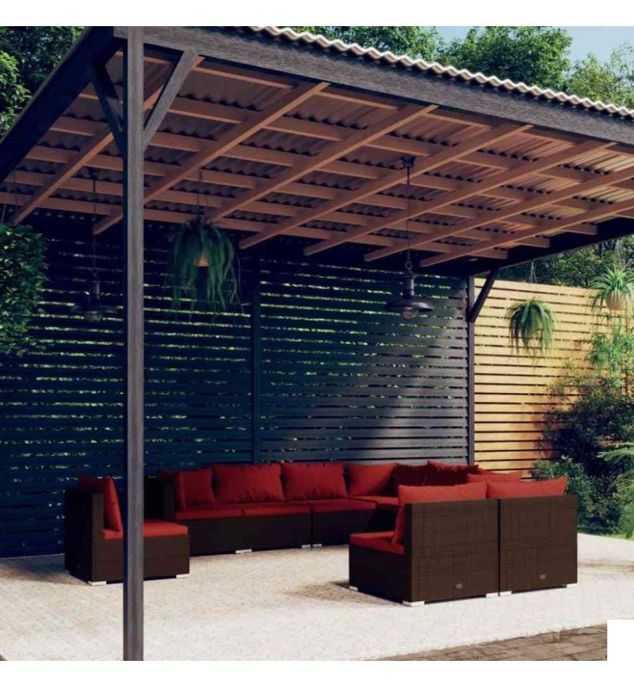 Salon de jardin 9 pcs avec coussins Résine tressée Marron