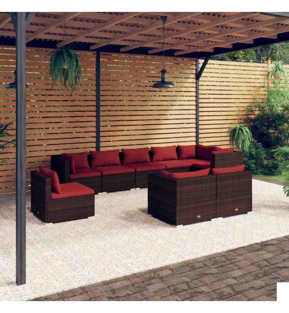Salon de jardin 9 pcs avec coussins Résine tressée Marron