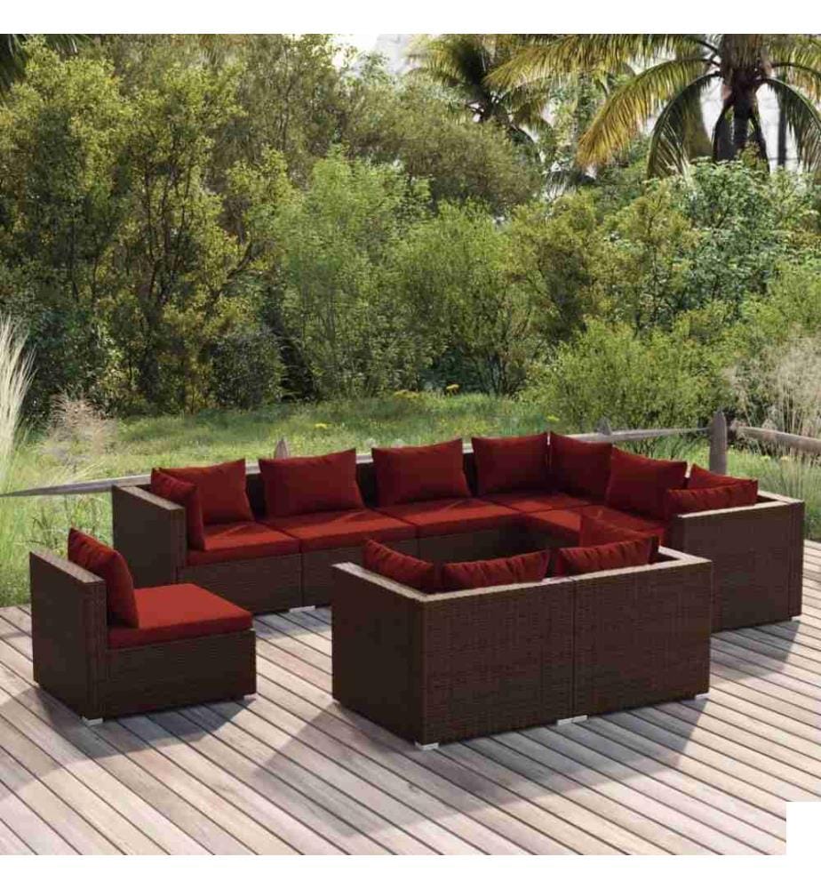 Salon de jardin 9 pcs avec coussins Résine tressée Marron