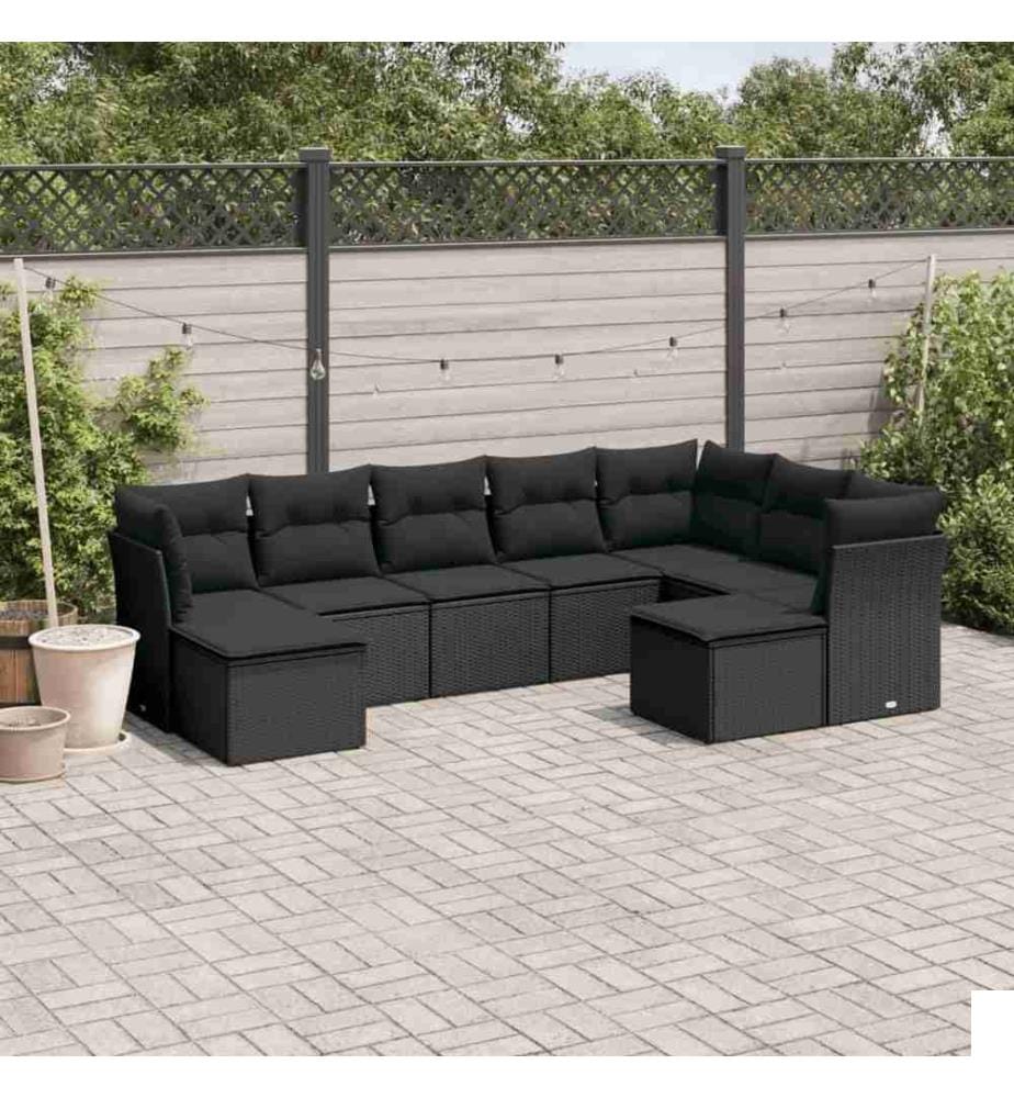 Salon de jardin 9 pcs avec coussins noir résine tressée