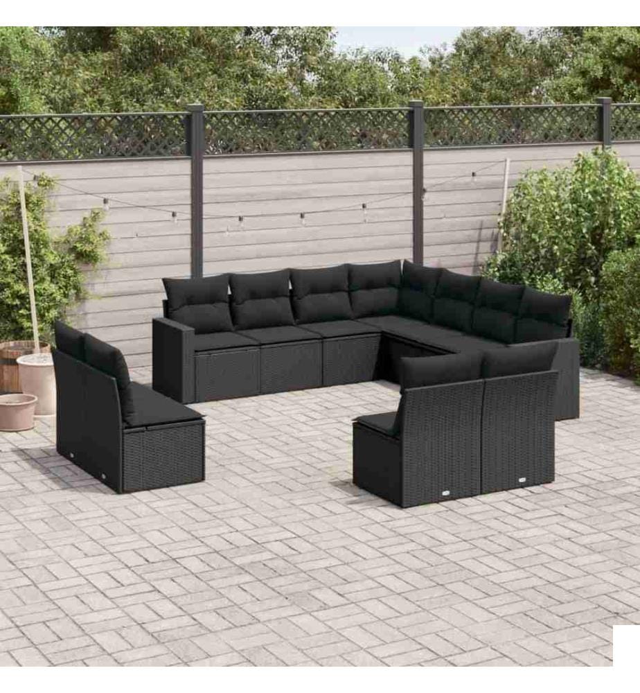 Salon de jardin 11 pcs avec coussins noir résine tressée