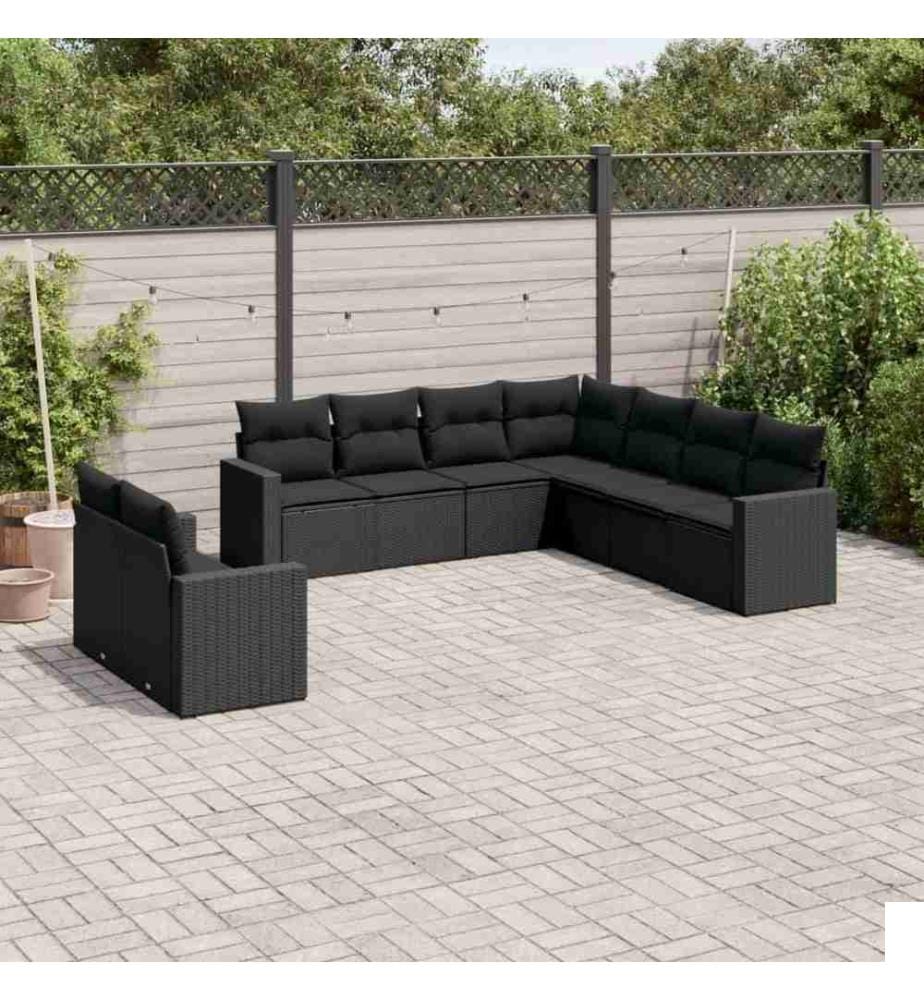 Salon de jardin 9 pcs avec coussins noir résine tressée
