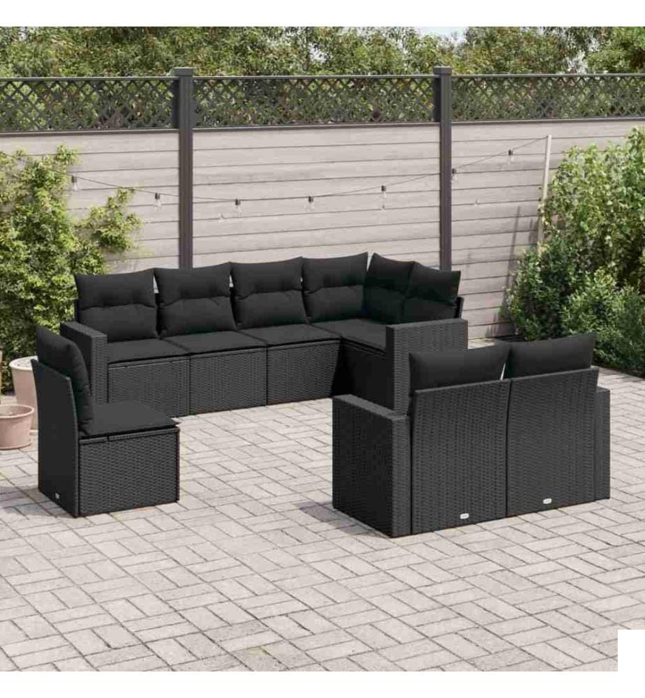Salon de jardin 8 pcs avec coussins noir résine tressée