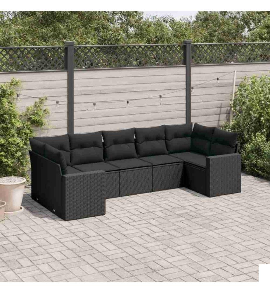 Salon de jardin 7 pcs avec coussins noir résine tressée