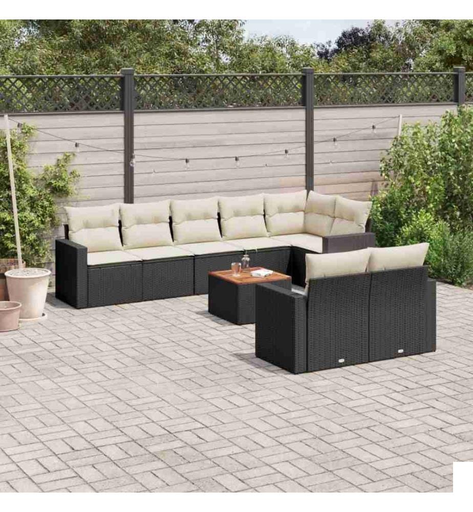 Salon de jardin 9 pcs avec coussins noir résine tressée