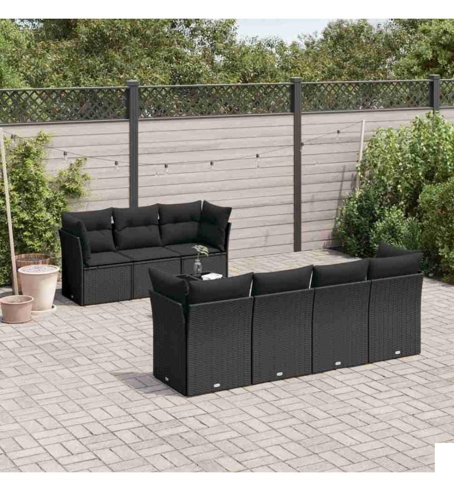 Salon de jardin 8 pcs avec coussins noir résine tressée