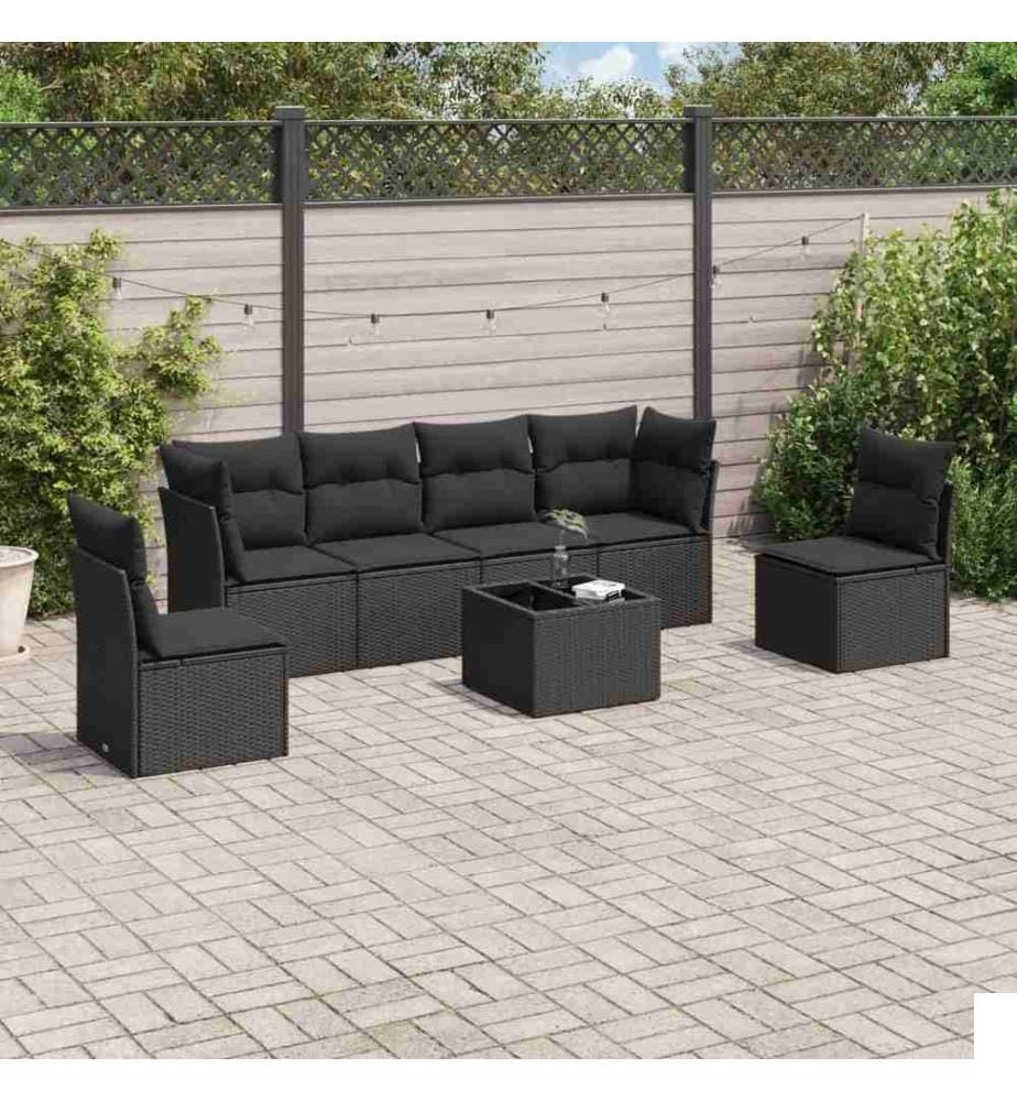 Salon de jardin 7 pcs avec coussins noir résine tressée