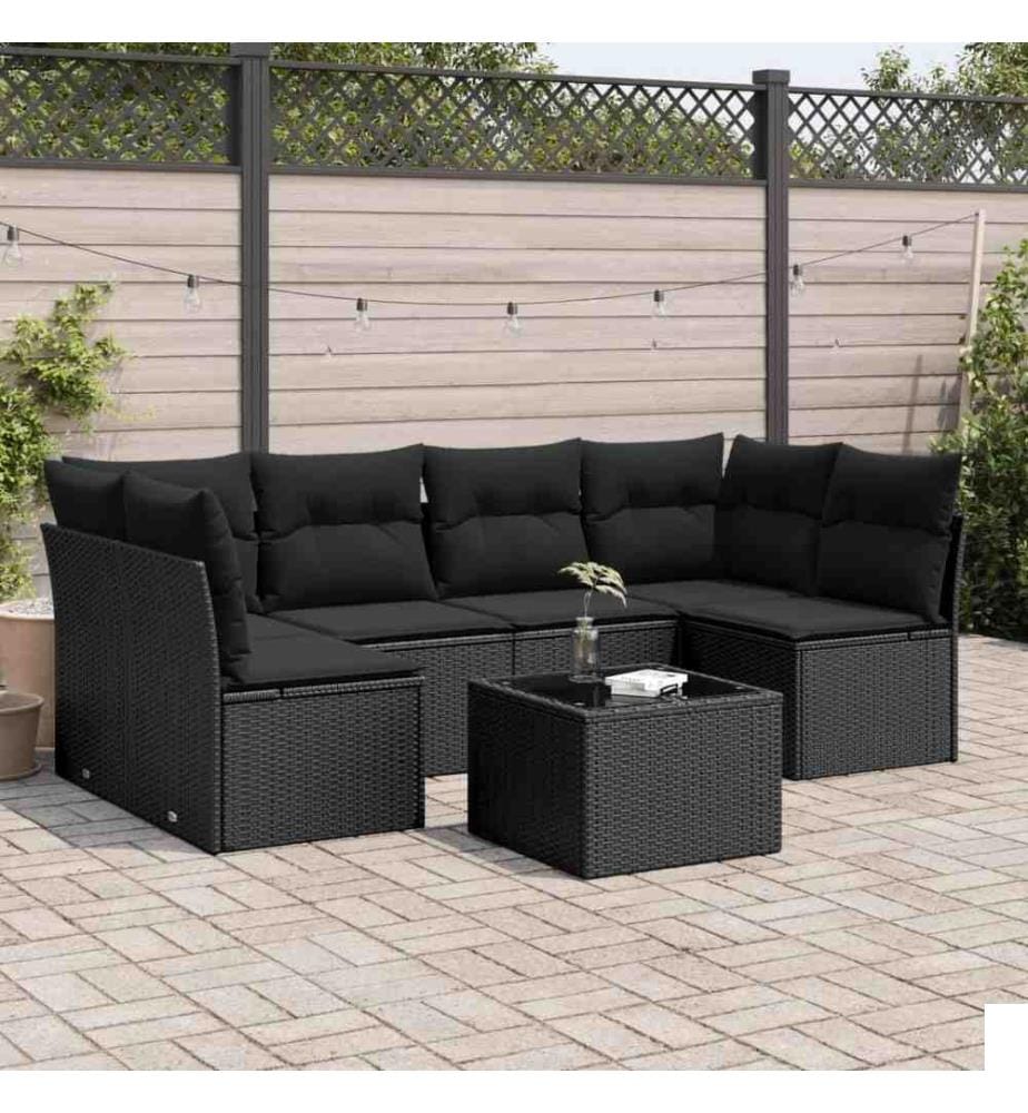 Salon de jardin 7 pcs avec coussins noir résine tressée