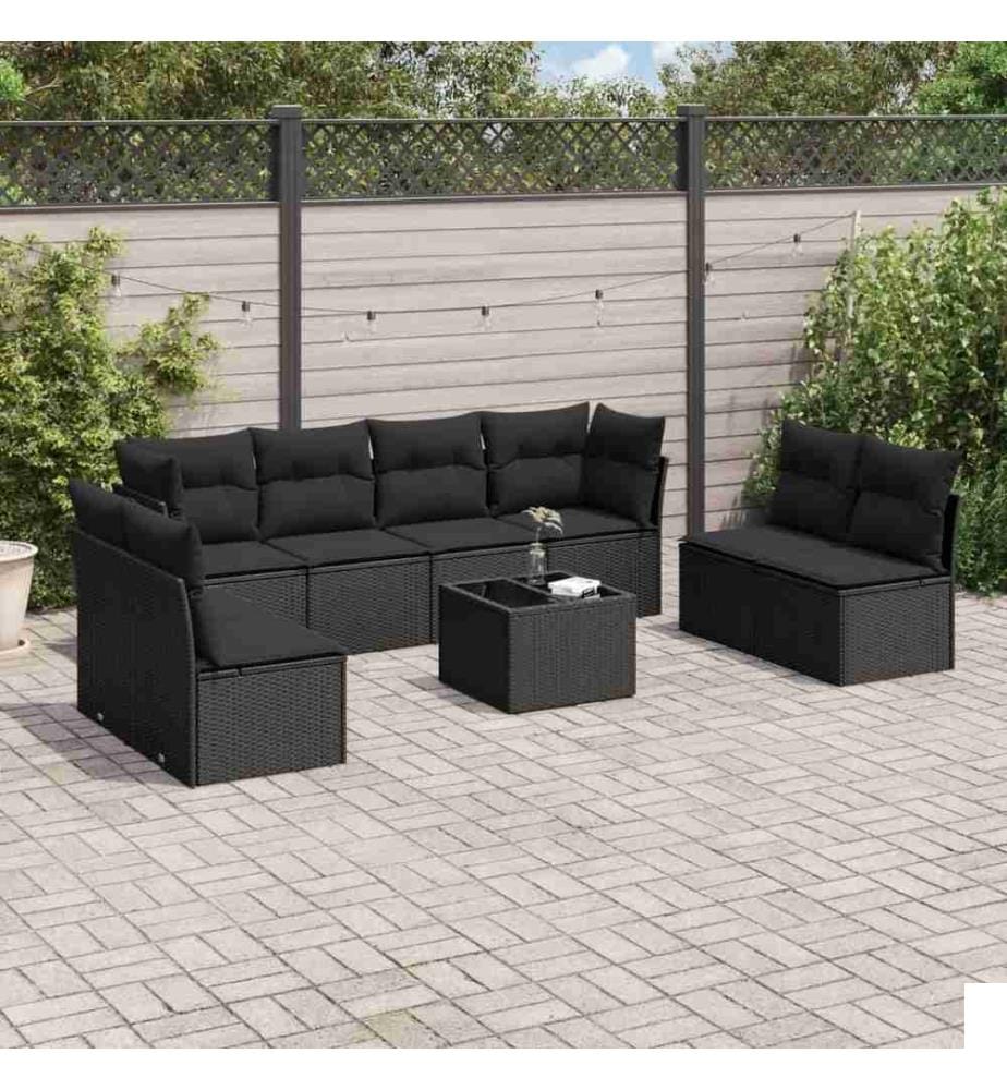 Salon de jardin 9 pcs avec coussins noir résine tressée