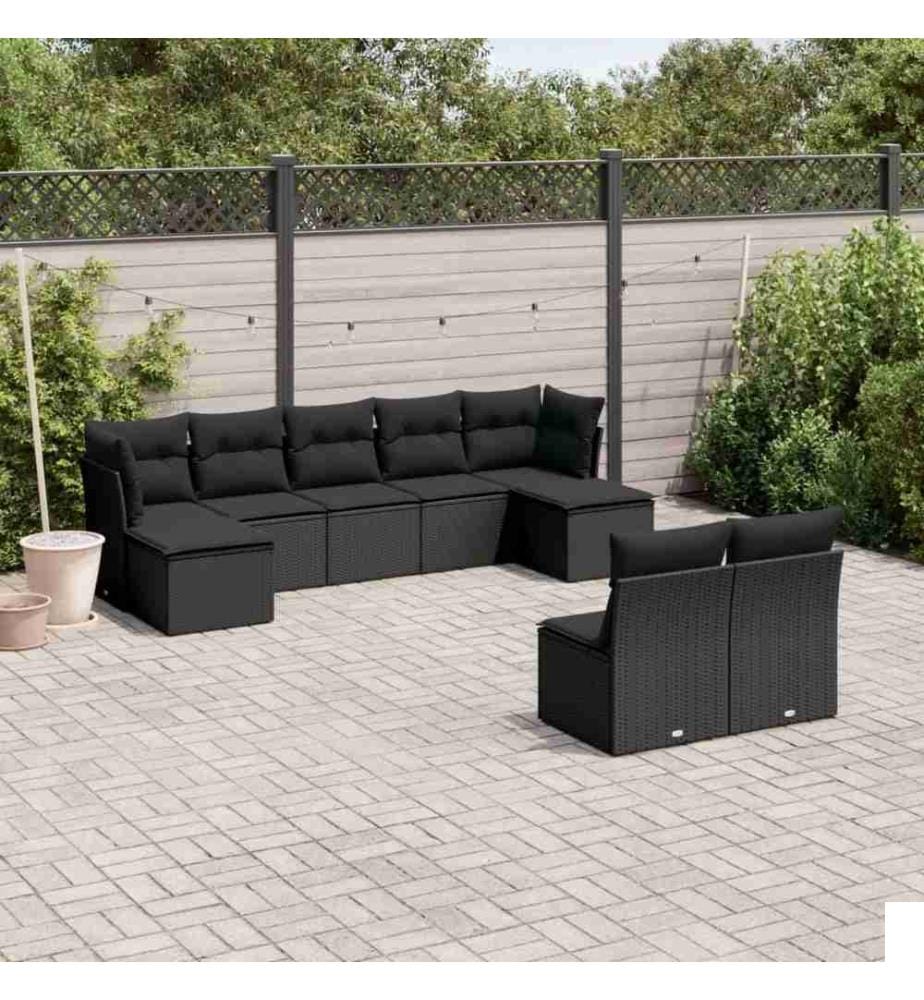Salon de jardin 9 pcs avec coussins noir résine tressée