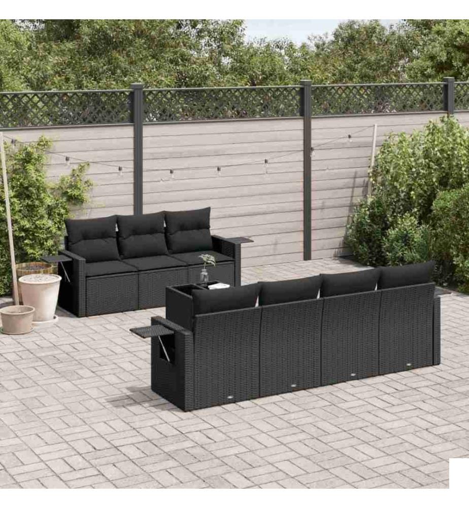 Salon de jardin 8 pcs avec coussins noir résine tressée