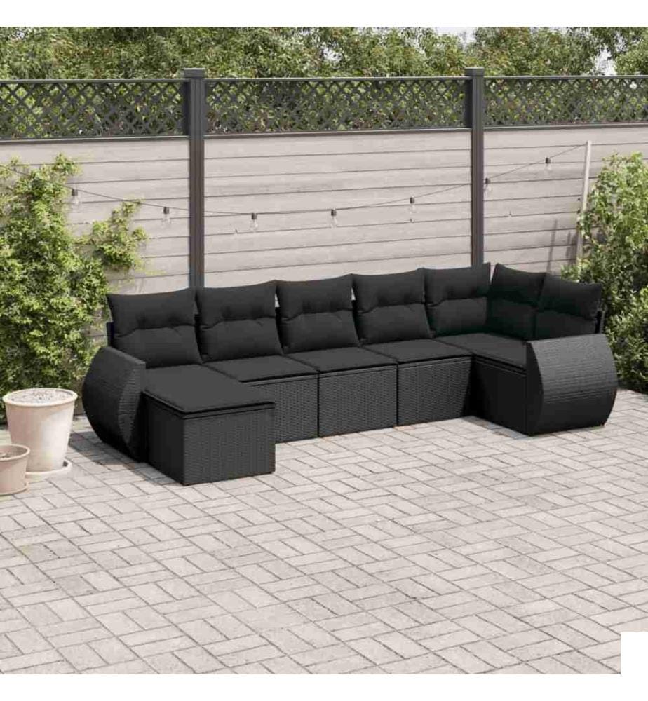 Salon de jardin 7 pcs avec coussins noir résine tressée