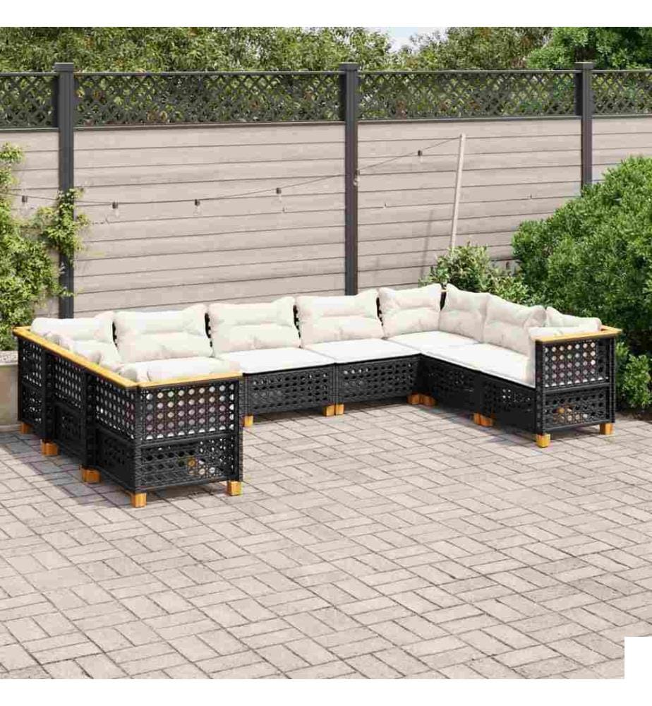 Salon de jardin 9 pcs avec coussins noir résine tressée