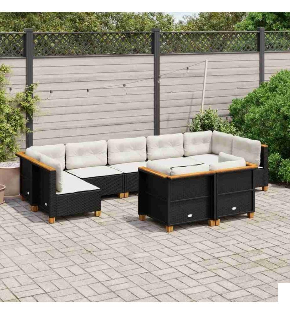 Salon de jardin 9 pcs avec coussins noir résine tressée
