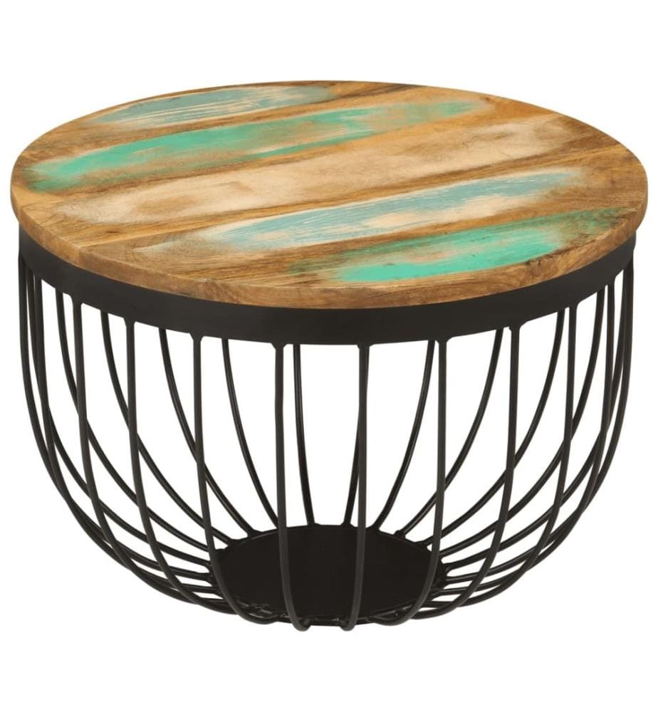 Table basse Ø50x35 cm bois de récupération massif et acier