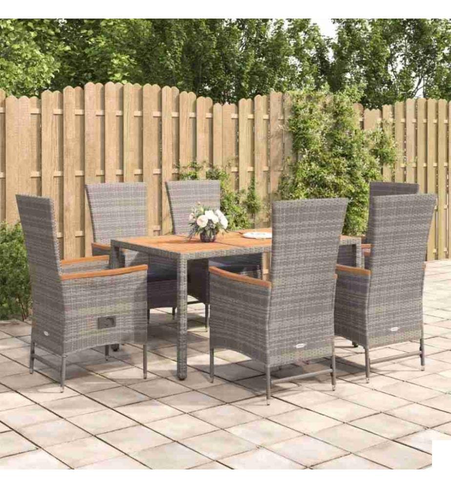 Mobilier à dîner de jardin et coussins 7 pcs gris rotin
