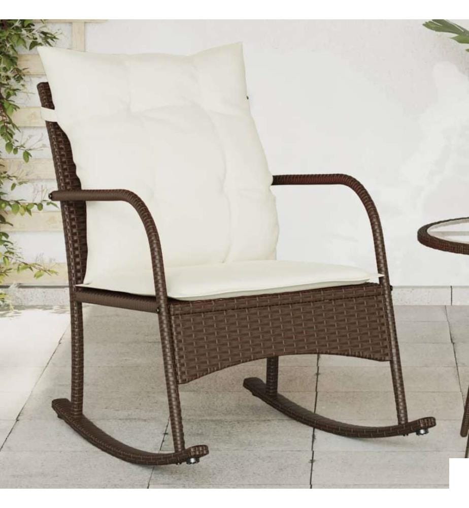 Chaise à bascule de jardin avec coussins marron résine tressée