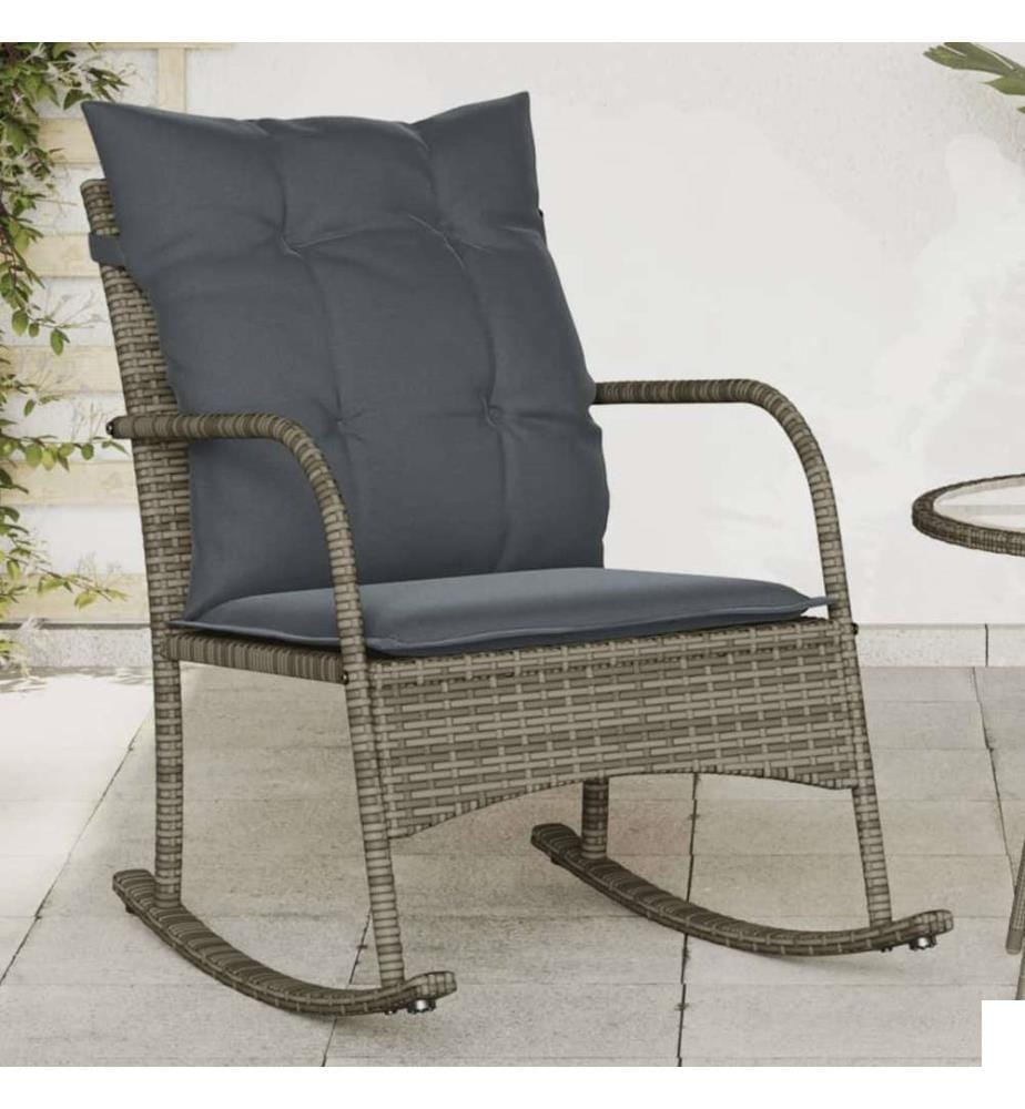 Chaise à bascule de jardin avec coussins gris résine tressée