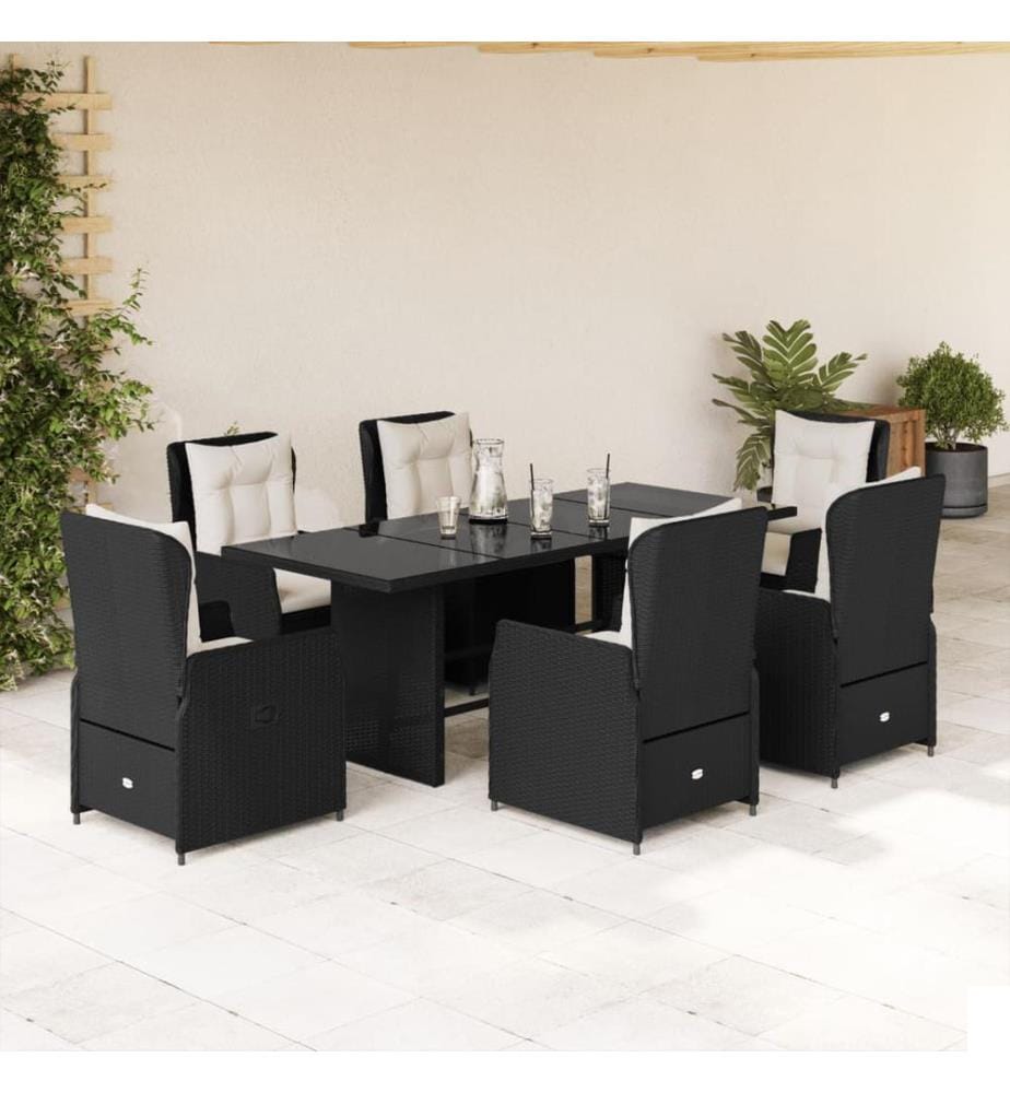 Ensemble à manger de jardin coussins 7pcs Noir Résine tressée