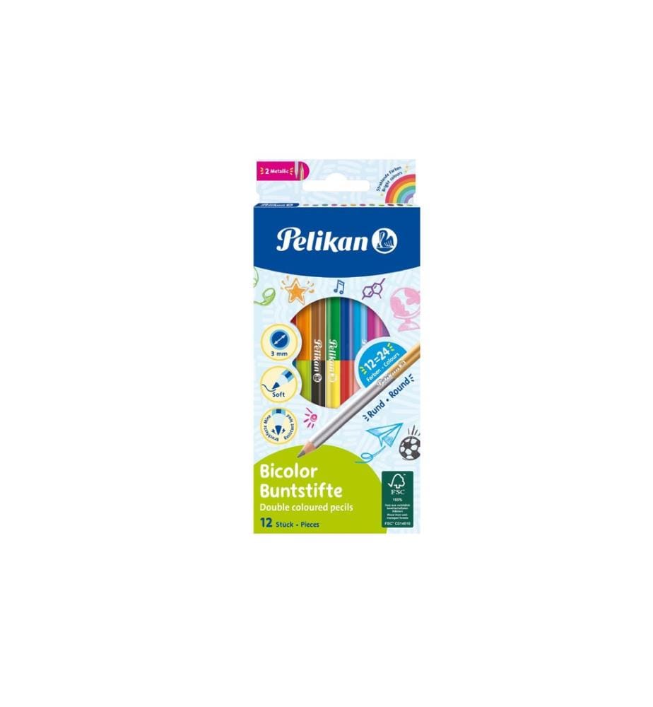 PELIKAN - Crayons de couleur Bicolore Set de 12 couleurs avec 24 couleurs