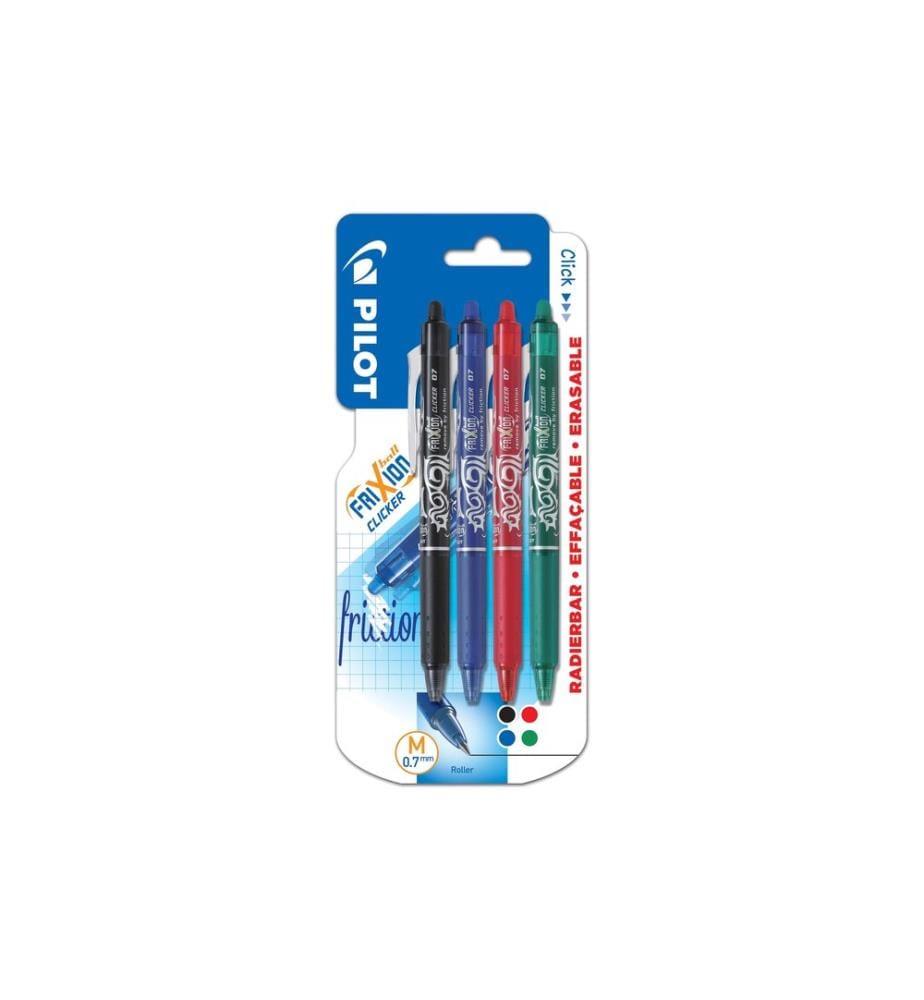 PILOT - Stylo à bille roulante FriXion Clicker 0.7 mm, multicolore, 4 pièces