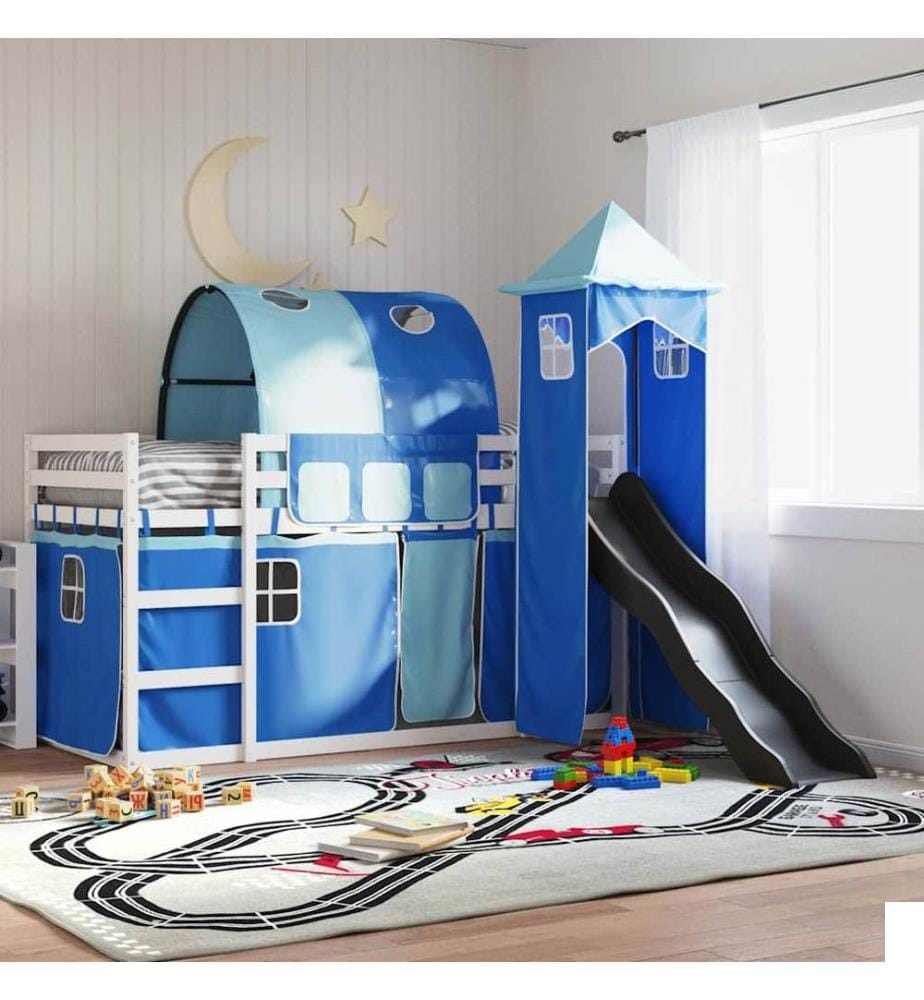 Lit superposé sans matelas avec toboggan et rideaux 90x200 cm