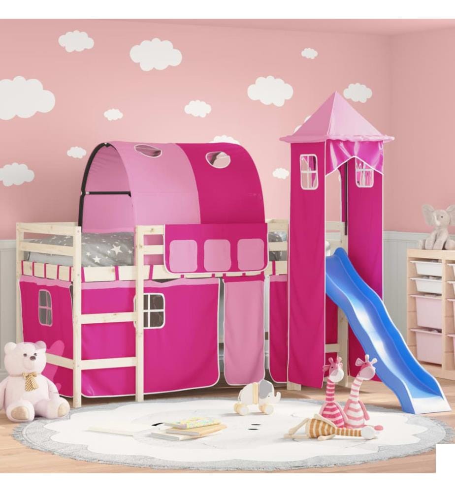Rideaux pour lit mezzanine avec tunnel et tour rose