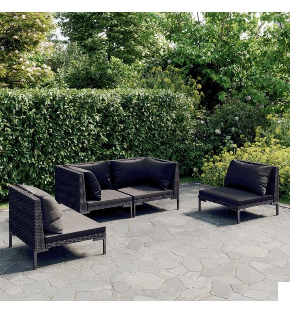Salon de jardin 4 pcs avec coussins Résine tressée Gris foncé