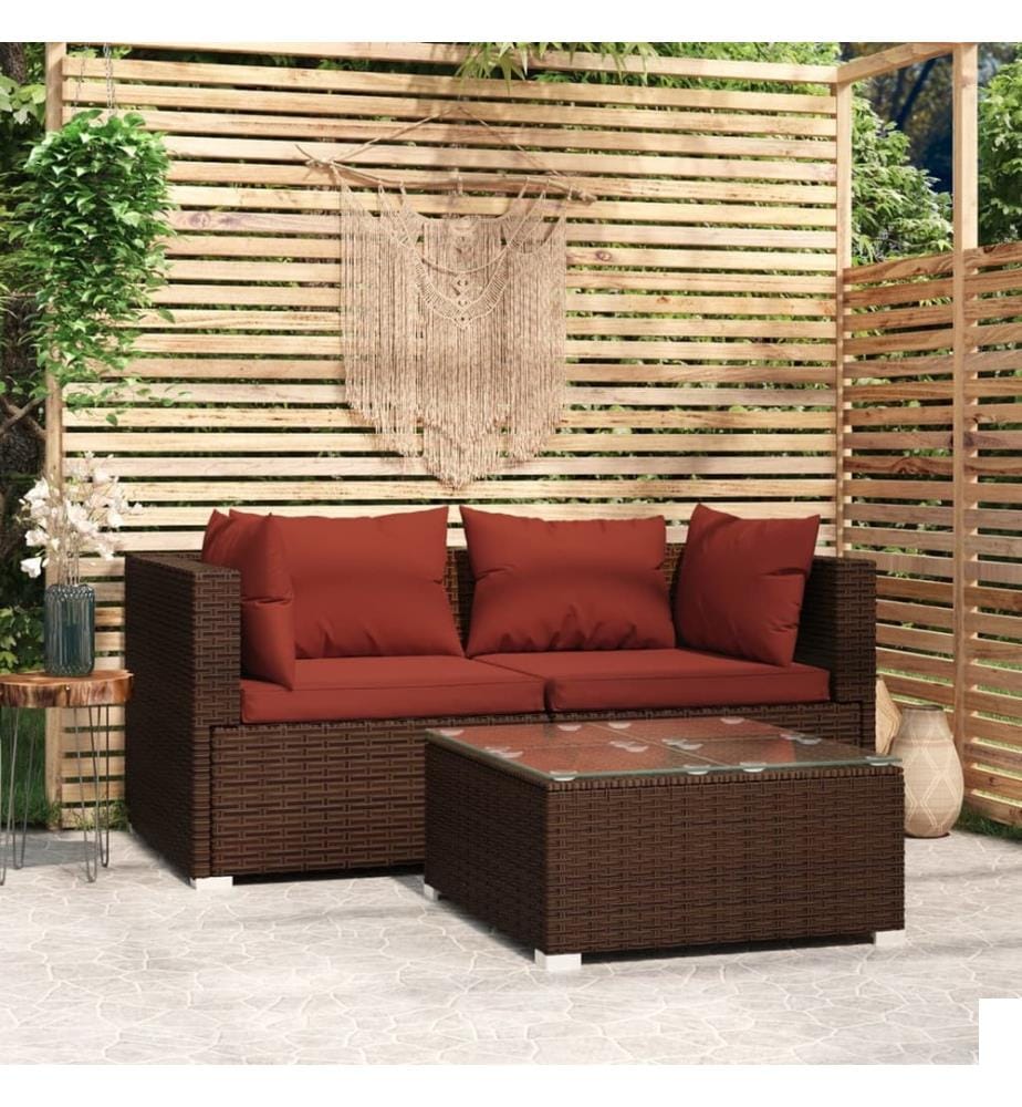 Salon de jardin 3 pcs avec coussins Marron Résine tressée
