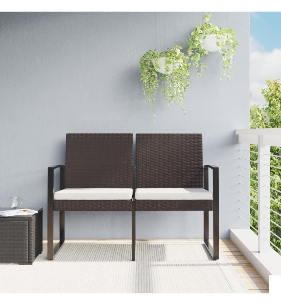 Banc de jardin à 2 places avec coussins marron PP rotin