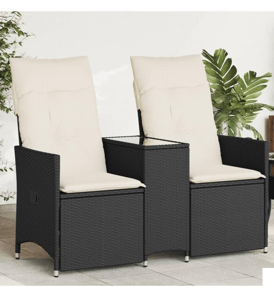 Canapé de jardin inclinable 2 places avec table noir poly rotin