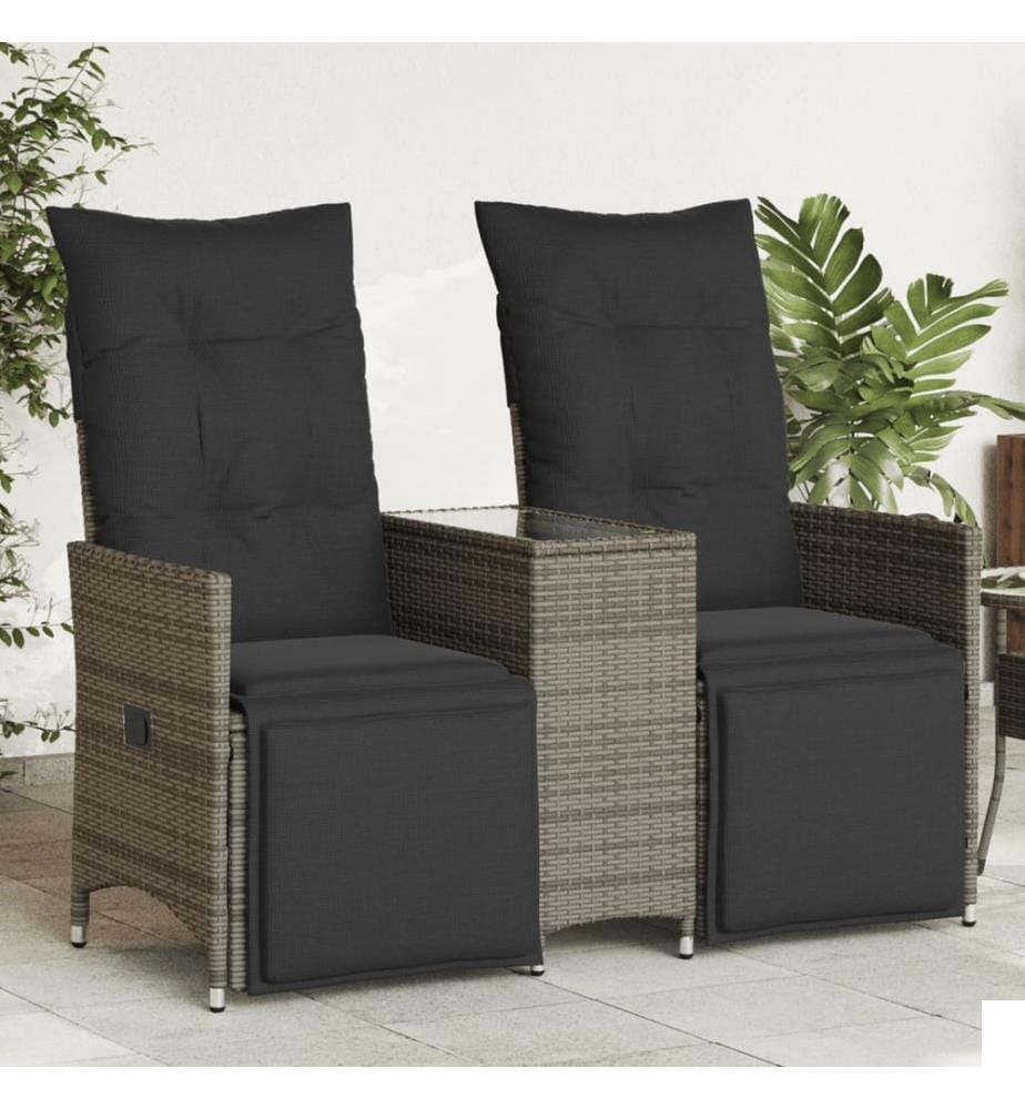 Canapé de jardin inclinable 2 places avec table gris poly rotin