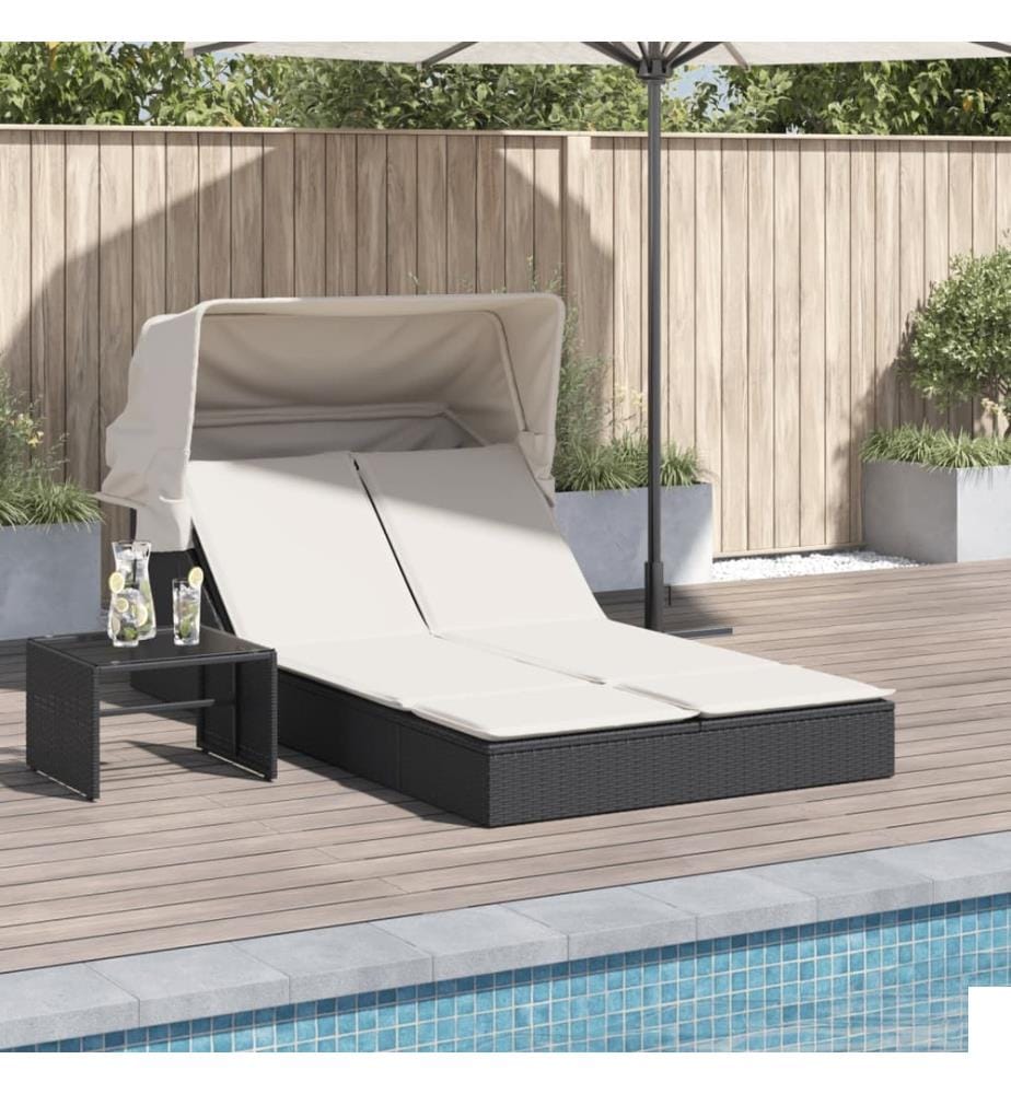 Chaise longue double et auvent et coussins noir résine tressée