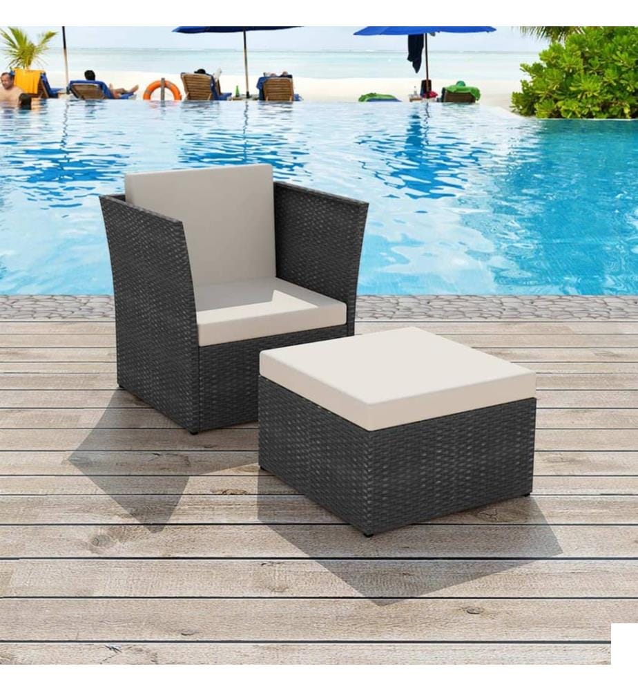 Chaise de jardin avec tabouret Noir Résine tressée
