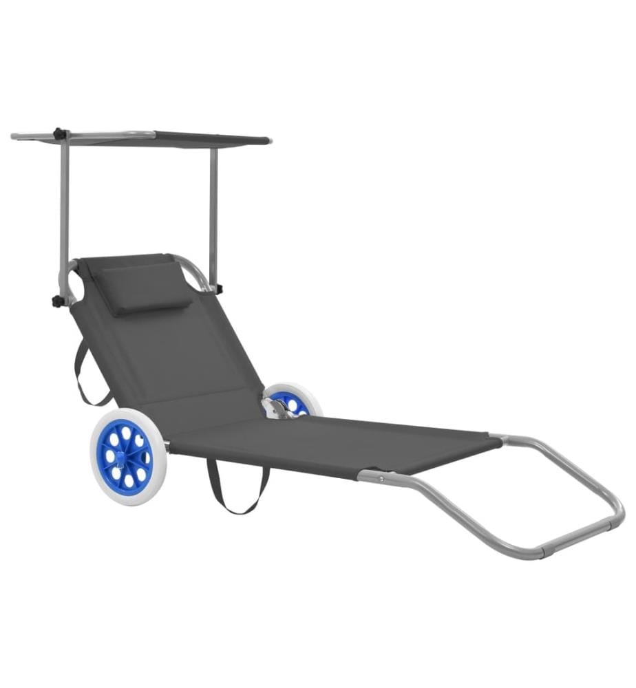 Chaise longue pliable avec auvent et roues Acier Gris