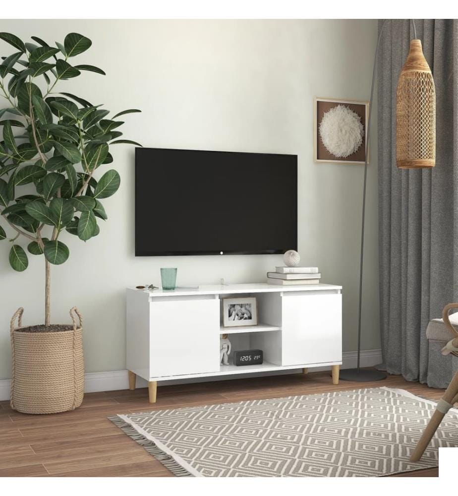 Meuble TV avec pieds en bois Blanc brillant 103,5x35x50 cm