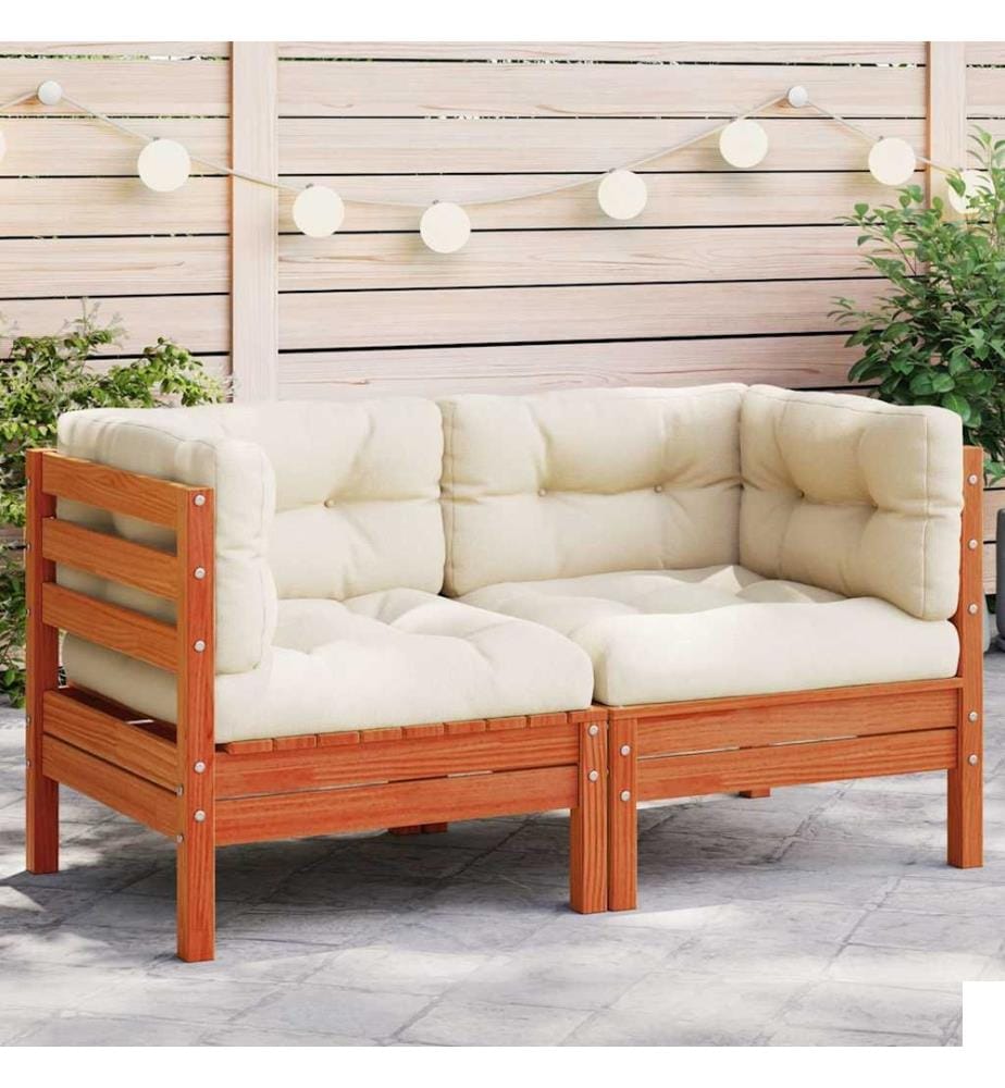 Canapé d'angle de jardin coussins 2 pcs cire marron pin massif