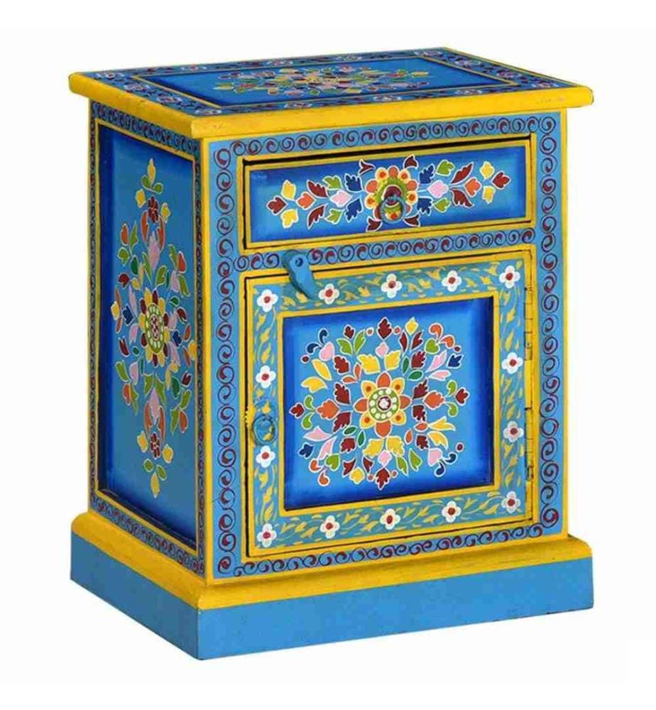 Table de chevet Bois de manguier Turquoise Peinture à la main