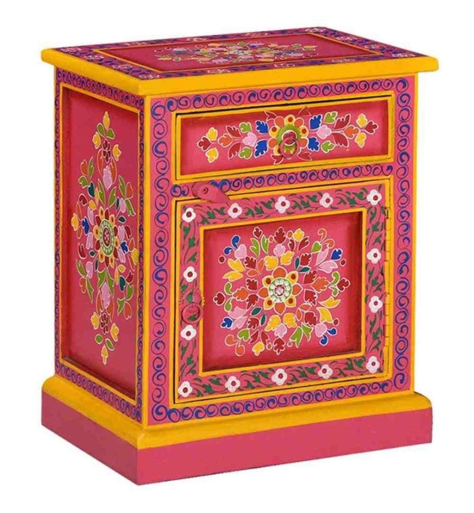 Table de chevet Bois de manguier massif Rose Peinture à la main