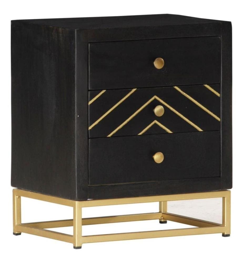 Table de chevet Noir et doré 40x30x50cm Bois de manguier massif