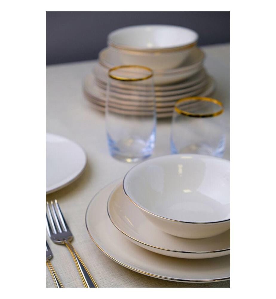Service de Table 24 Pièces en Porcelaine - Blanc et Or