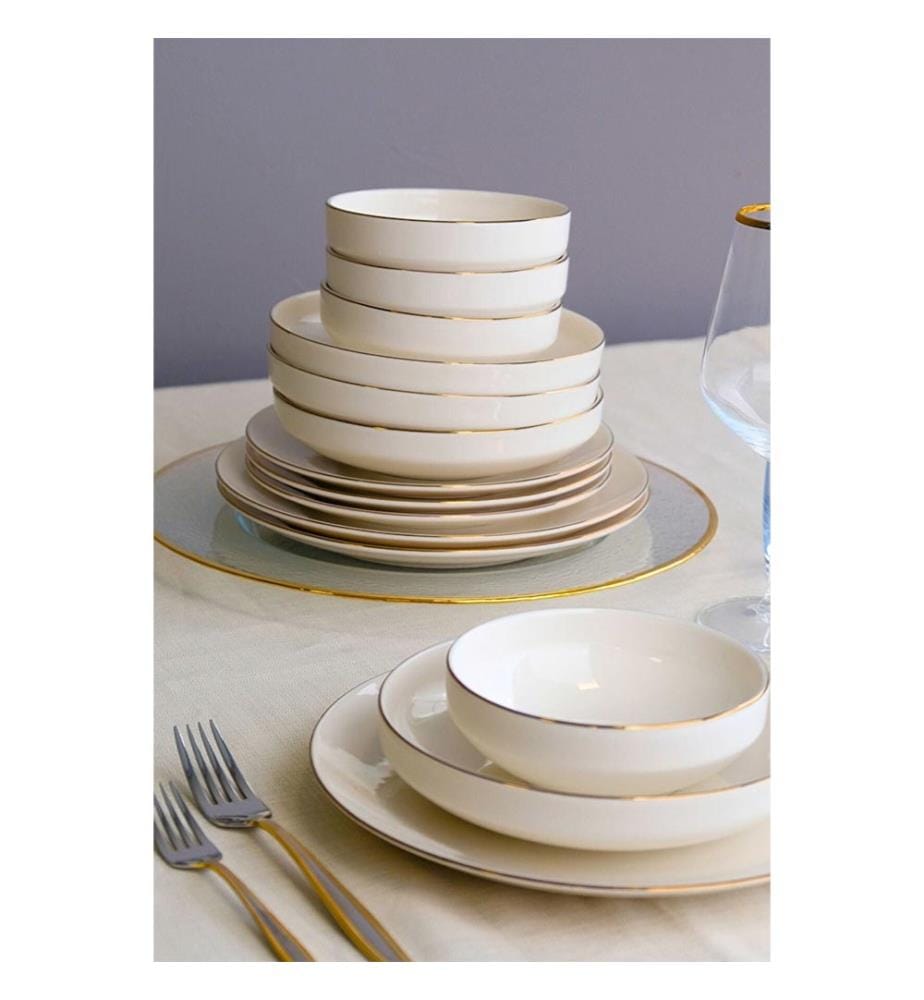 Service de Table 24 Pièces en Porcelaine - Blanc et Or