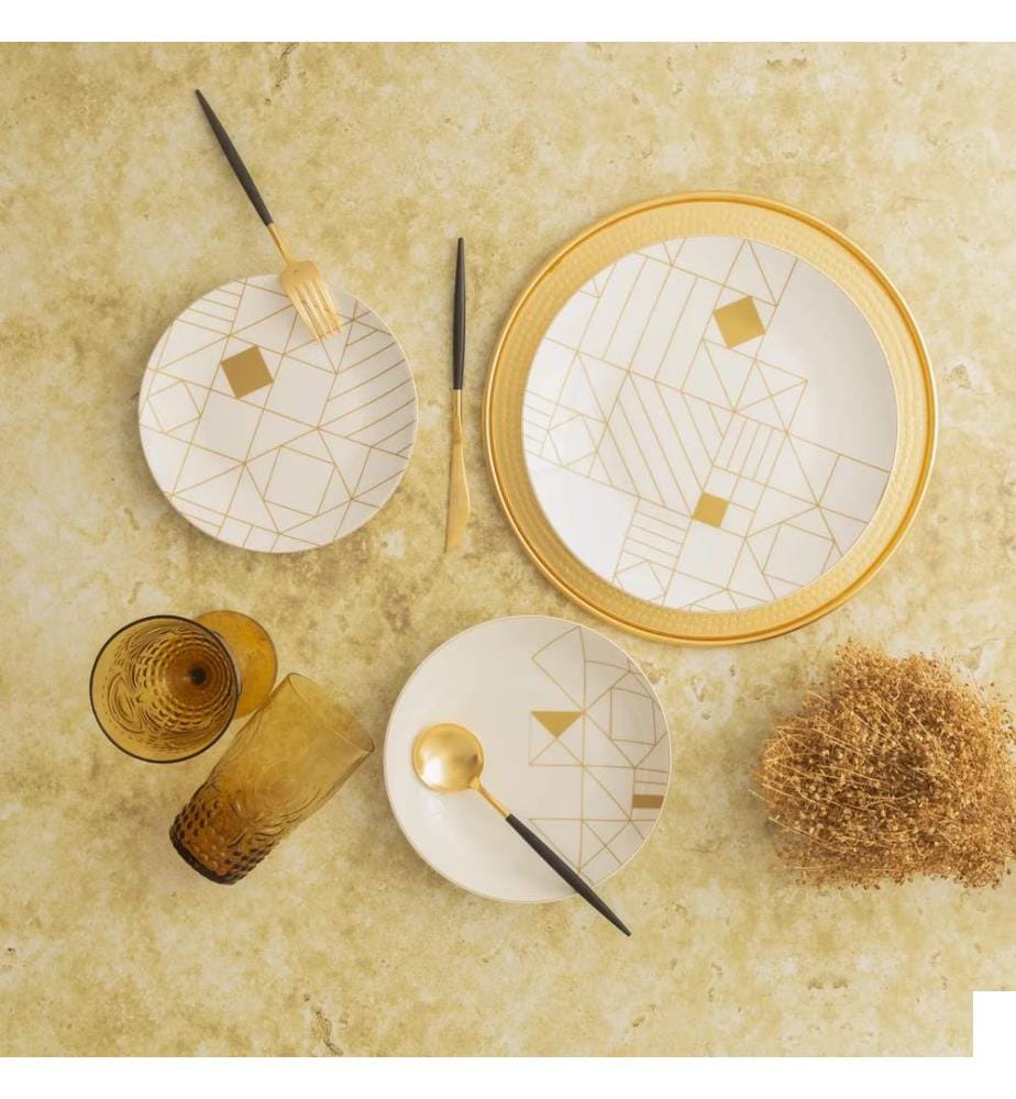 Service de Table 24 Pièces en Porcelaine - Blanc et Or