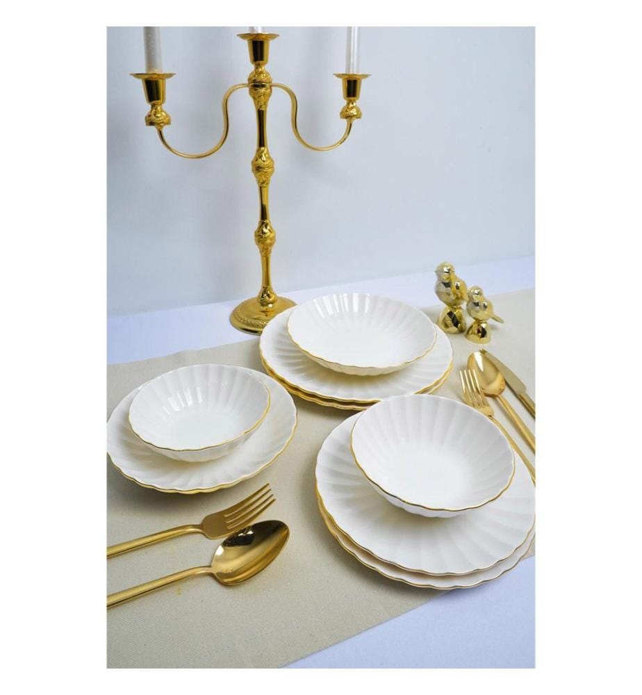 Service de Table 24 Pièces en Porcelaine - Blanc et Or