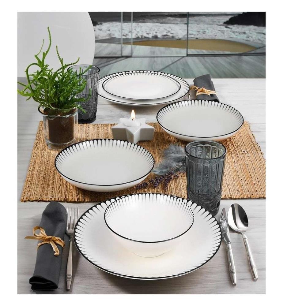 Service de Table 24 Pièces en Porcelaine - Blanc et Noir
